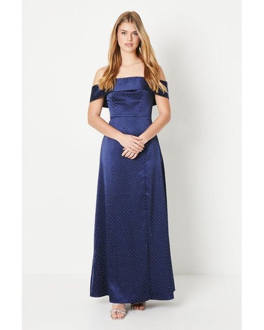 Debut London Blue By Coast Bardot Satin Diamante Prom Dress