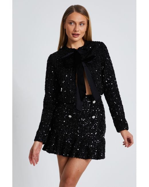 Quiz Black Sequin Boucle Cropped Jacket