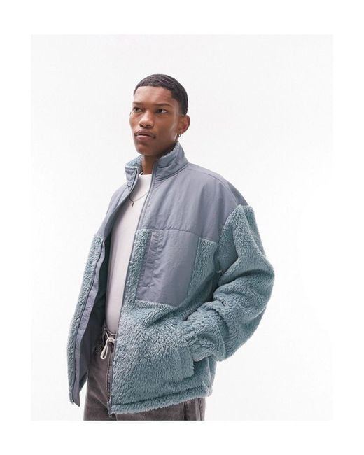 Topman Blue Oversized Nylon Panelled Fur Zip Through Jacket for men