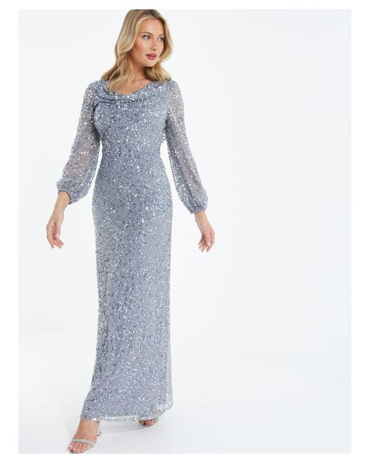 Quiz Blue Sequin Long Sleeve Maxi Dress