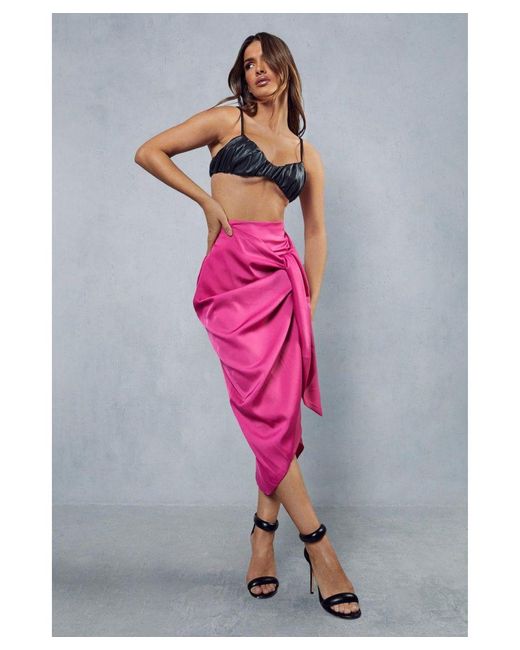 MissPap Pink Satin High Waisted Wrap Midi Skirt
