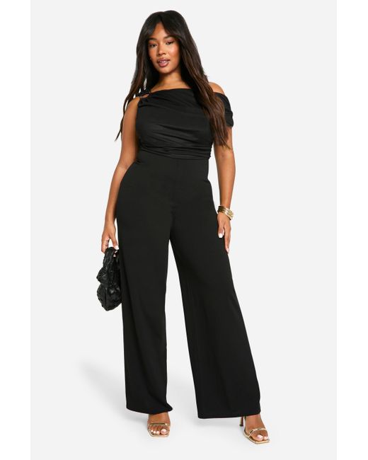 Boohoo Black Plus Mesh Trim Detail Asymmetric Wide Leg Jumpsuit