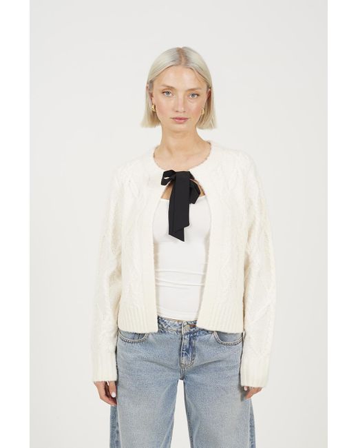 Brave Soul White Crew Neck Cable Knit Cardigan With Bow