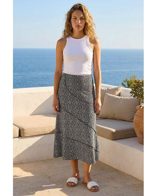 Roman Black Asymmetric Ditsy Print Midi Skirt