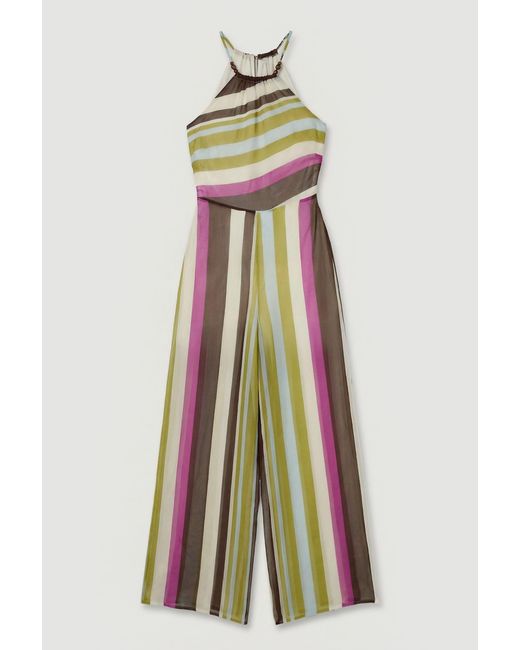 Karen Millen White Beach Viscose Georgette Stripe Cover Up Jumpsuit