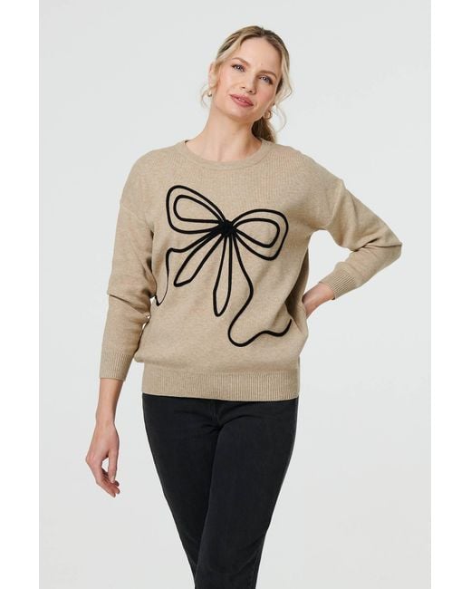 Izabel London Natural Bow Embellished Drop Shoulder Knit Jumper