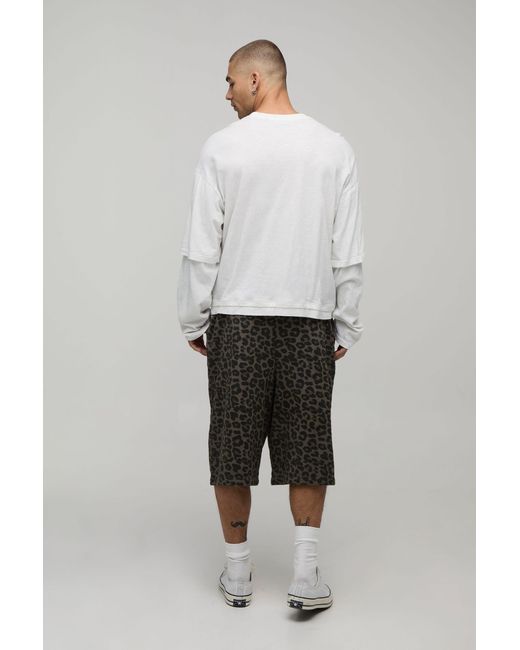 BoohooMAN Gray Leopard Printed Washed Jersey Bermuda Jort for men