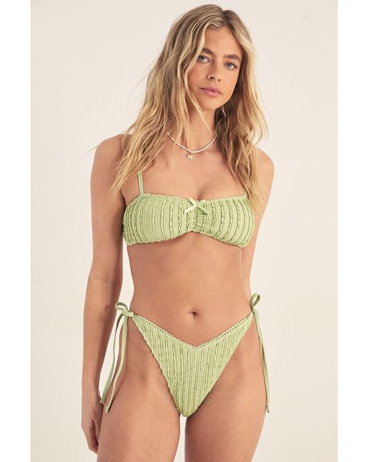 Nasty Gal Green Textured Ruched Bow Trim Crop Tie Side Bikini Set