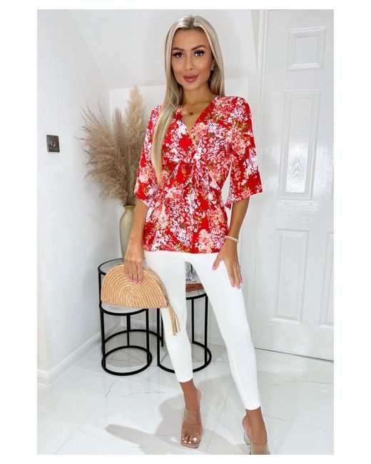 AX Paris Red Floral Front Tie Wrap Top