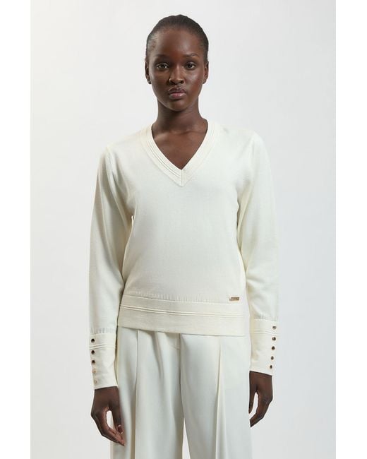 Karen Millen White Forever Viscose Blend Knitted Stitch Detail V Neck Long Sleeve Jumper