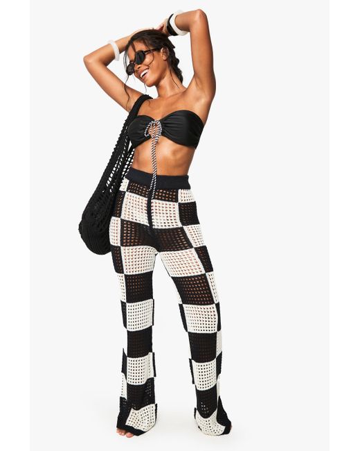 Boohoo Black Flannelerboard Crochet Wide Leg Beach Trouser