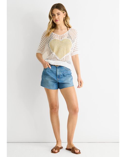 Gini London Blue Fish Net Heart Pattern Crochet Top