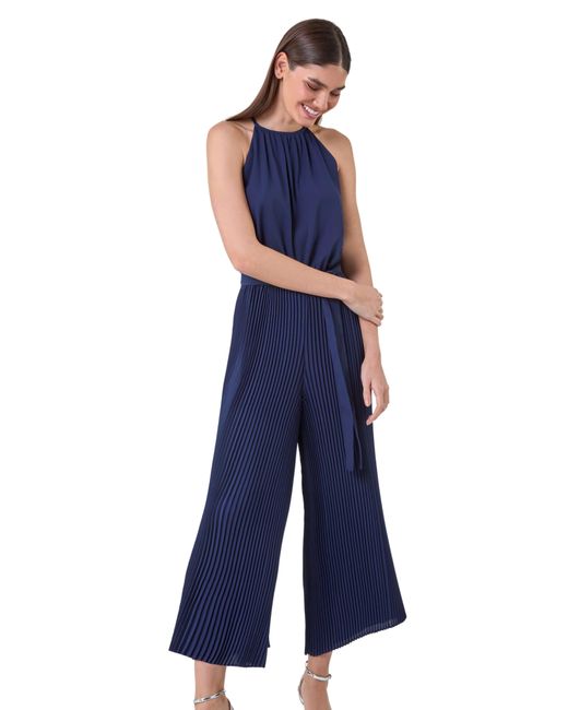 Roman Blue Pleated Halter Neck Jumpsuit