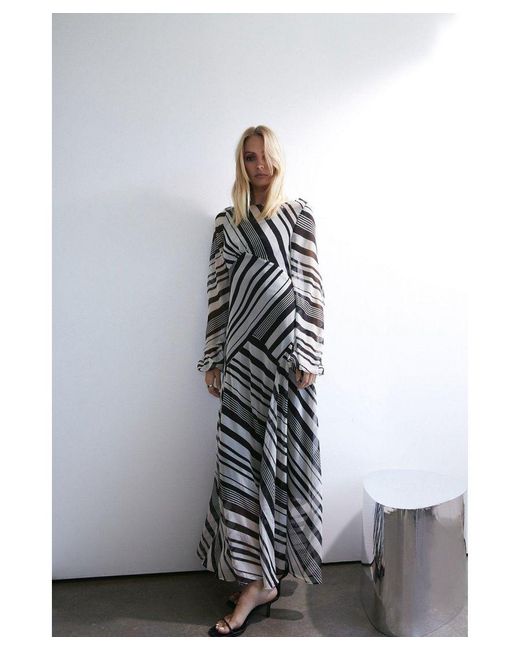 Warehouse White Stripe Placement Print Drop Back Maxi Dress