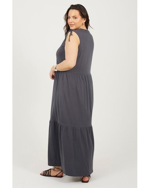 Brave Soul Blue Curve Cotton Ruched Shoulder Tiered Maxi Dress