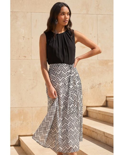 Roman Natural Pleat Neck Contrast Print Midi Dress