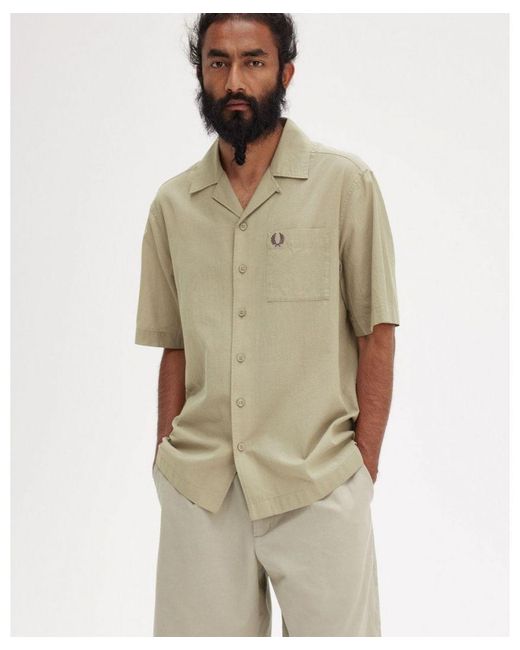 Fred Perry Natural Lightweight Texture Revere Collar Short Sleeve Shirt Size: L for men