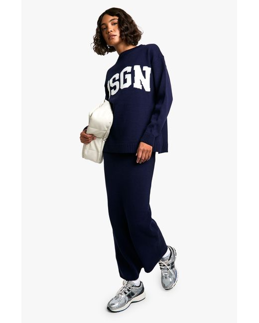 Boohoo Blue Petite Crew Neck Knitted Sweater And Maxi Skirt Set