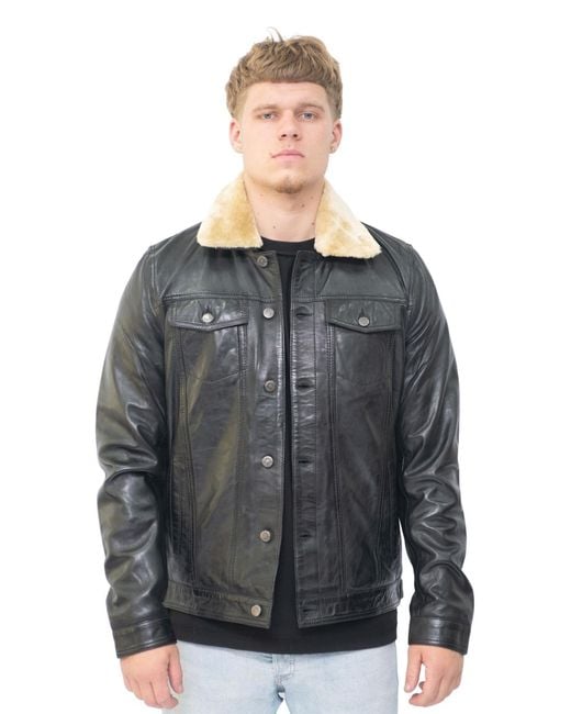 Infinity Leather Black Removable Collar Trucker Jacket-Zagreb for men