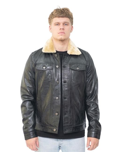 Infinity Leather Black Removable Collar Trucker Jacket-Zagreb for men