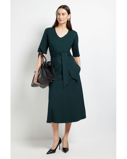 PRINCIPLES Blue V Neck Belted Ponte Midi Dress