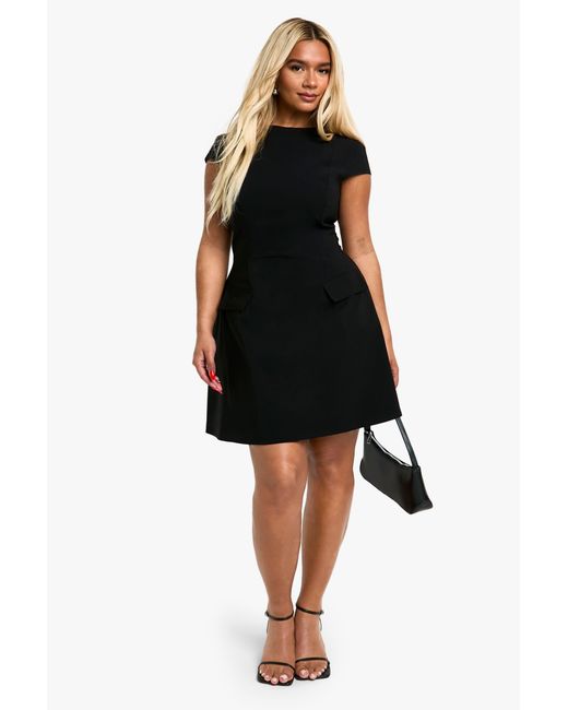 Boohoo Black Plus Cap Sleeve Bengaline Skater Dress