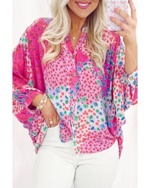 Azura Exchange Pink Rote Rosenblüten Allover-Print Knopfverschluss V-Ausschnitt Oversized Hemd