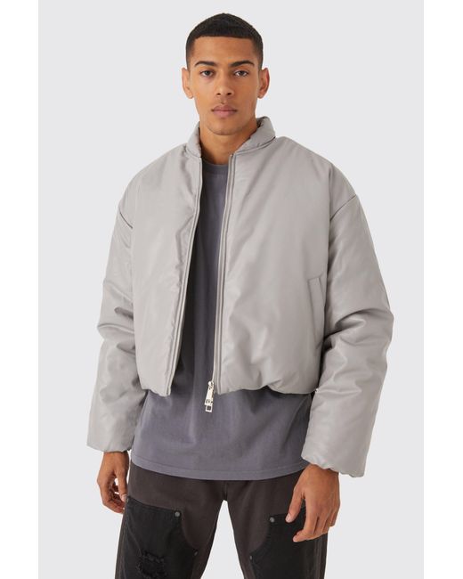 BoohooMAN Gray Boxy Pu Volume Padded Puffer Bomber Jacket for men