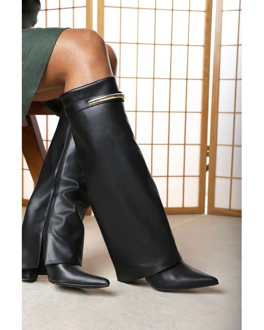 Where's That From Black Wheres Nareva Fold Over Shark Block Heel Point Toe Boots With Trim Detail