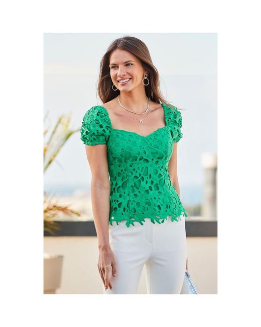 Sosandar Green Premium Lace Top