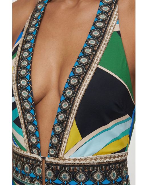 Karen Millen Blue Placement Print Swimsuit