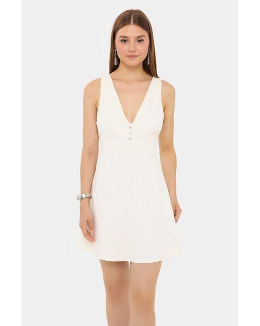 Hiccup White Cotton V-Neck Cut-Out Buttoned Detail Mini Dress