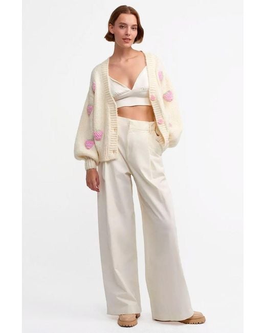 Hiccup White Strawberry Embroidered V Neck Baloon Sleeve Oversized Cardigan