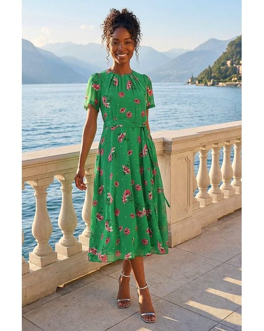 Roman Green Floral Chiffon Pleated Dress