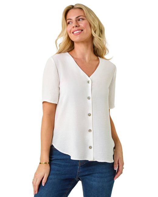 Roman White Petite V-Neck Button Through Blouse