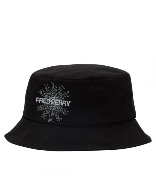Fred Perry Black Graphic Print Logo Canvas Bucket Hat for men