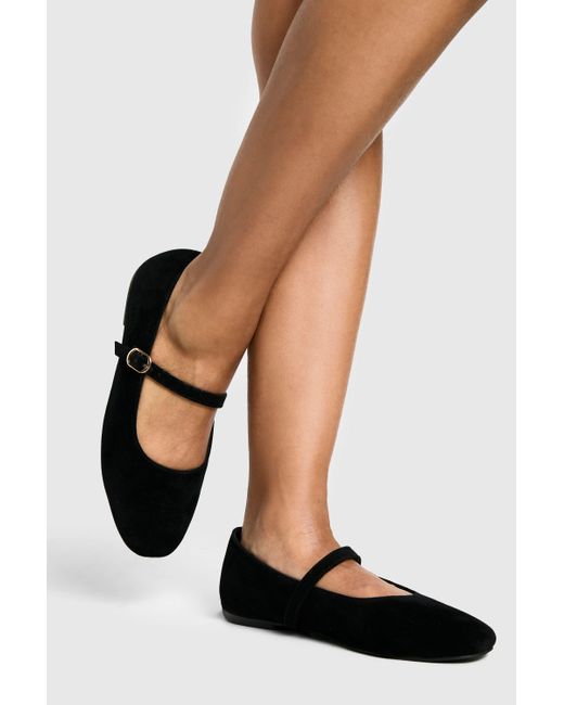 Boohoo White Wide Fit Faux Suede Mary Jane Ballet Flats