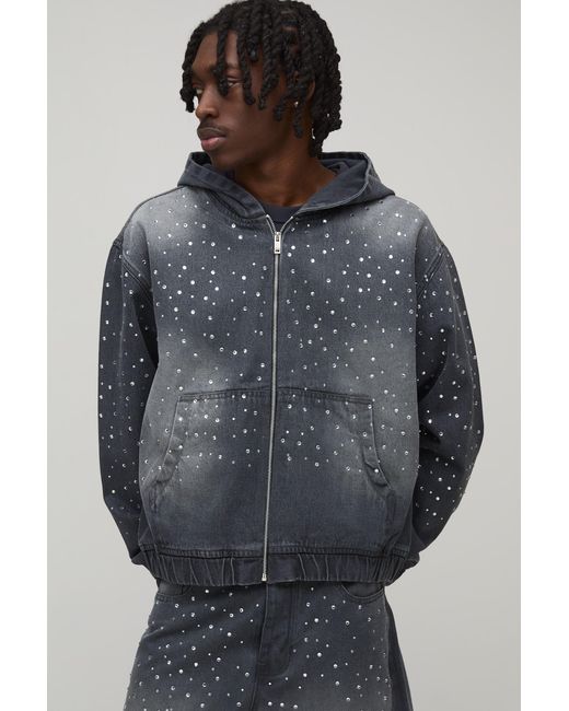 BoohooMAN Gray Washed Rhinestone Boxy Oversized Zip Up Denim Hoodie for men
