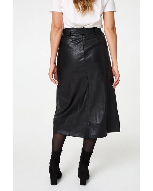 Izabel London Black Faux Leather Tie Waist A-Line Midi Skirt
