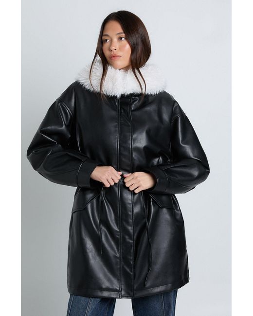 Boohoo Black Fur Collar Pu Jacket