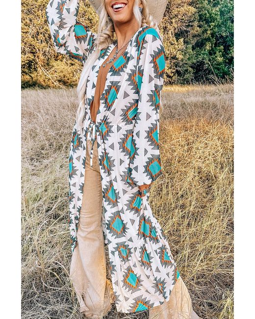 Everyday the Label White Western Aztec Print Duster Open Front Top