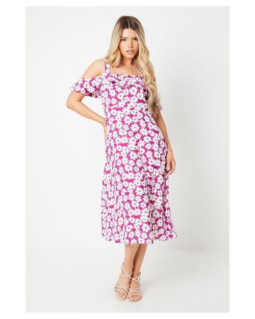 Dorothy Perkins Pink Floral Ruffle Strappy Bardot Midi Dress