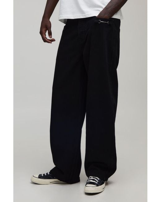 BoohooMAN Black Washed Relaxed Fit Buckle Detail Jeans for men