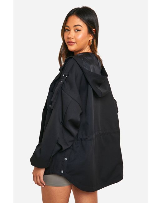 Boohoo Black Cinched Waist Hooded Mac