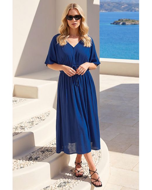 Roman Blue Petite Linen Tie Midi Dress