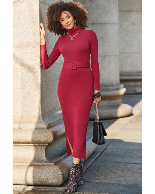 Sosandar Pink Cherry Belted Ribbed Knit Midi Dress