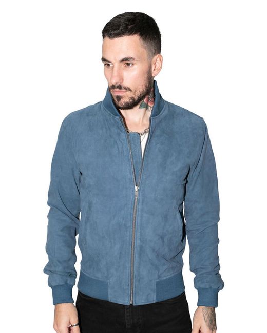 Infinity Leather Blue Retro Goat Suede Varsity Bomber Jacket-Athens for men