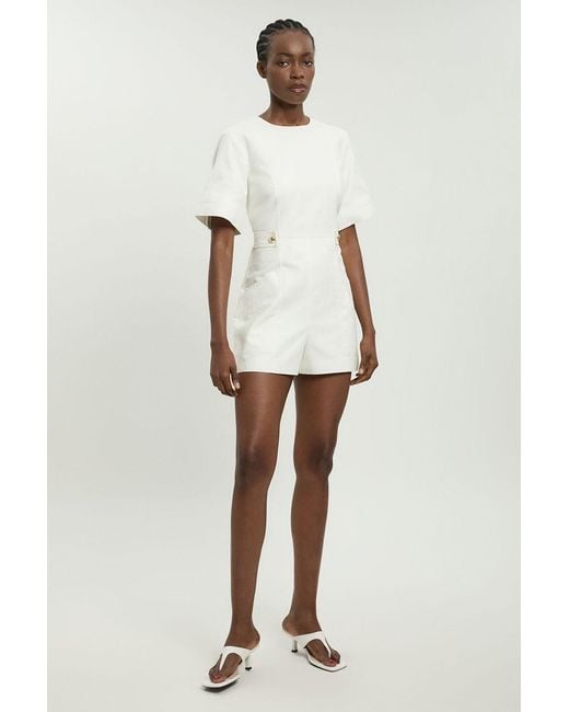 Karen Millen White Petite Tailored Linen Button Detail Playsuit