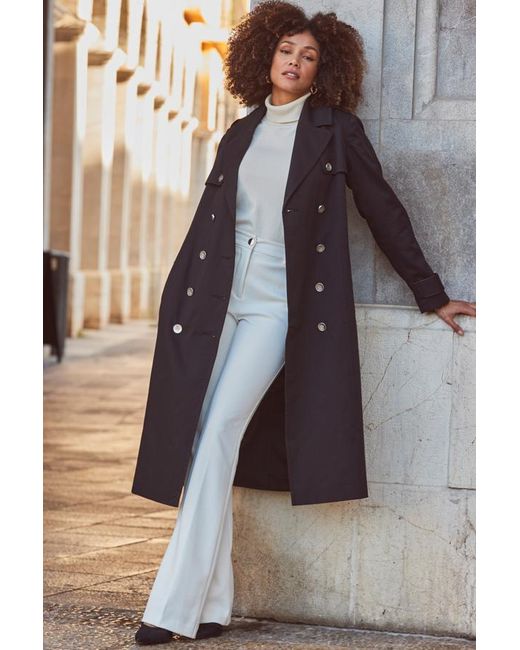 Sosandar Black Longline Trench Coat With Faux Leather Trim