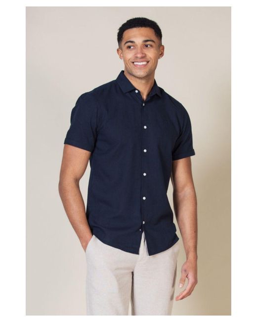 Nines Blue Linen Blend Short Sleeve Button-Up Shirt for men
